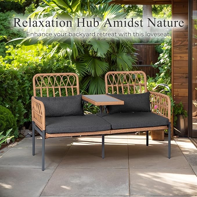 PROHIKER Patio Furniture Outdoor Rattan Loveseat 2-Seat with Built-in Table, Lumbar Pillows and Cushions, All-Weather Wicker Loveseat Porch Chairs for Balcony, Lawn, Backyard