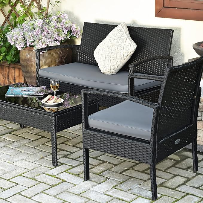 Tangkula 8-PCS Wicker Patio Conversation Furniture Set, Outdoor Rattan Chair and Table Set, Patio Furniture Sets with Coffee Table & Washable Cushions for Courtyard Balcony Garden (2, Black)