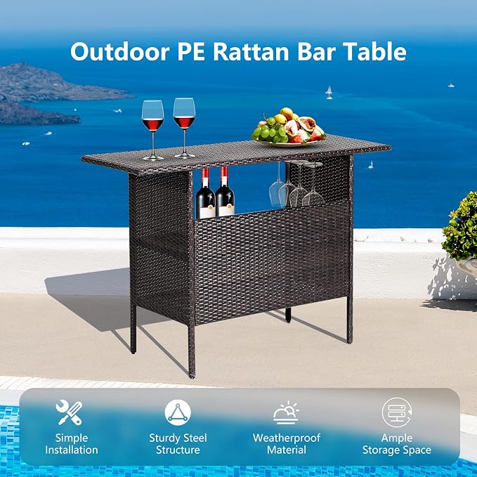 Tangkula Outdoor Wicker Bar Table, Patiojoy All Weather Patio Bar Height Table with 2 Metal Mesh Shelves & 2-Rail Steel Stemware Racks, Rattan Bar Counter Table for Backyard, Poolside (Mix Brown)