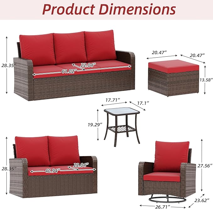 HOMREST 7 Piece Patio Conversation Sets,Outdoor Furniture Sets w/ 3-Seat Sofa & Loveseat Couch, Rattan Wicker Swivel Chairs w/ 2 Ottoman, Coffee Table & Cushions for Garden, Poolside, Backyard (WR)