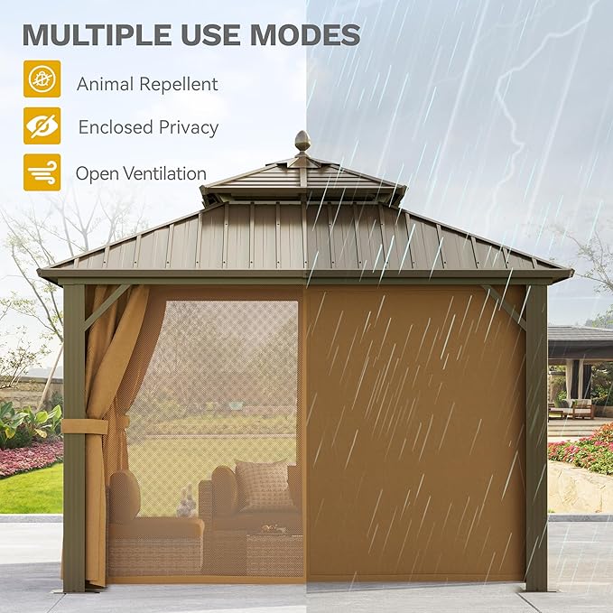 DWVO 10x10ft Hardtop Gazebo Heavy Duty Double Roof with Nettings and Curtains, Galvanized Steel Outdoor Combined of Horizontal Vertical Stripes Roof for Patio, Backyard, Deck, Lawn, Bronze