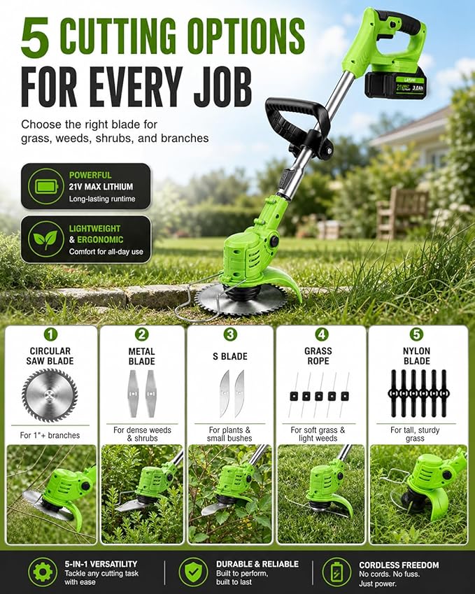 Cordless Weed Wacker with Wheels, 880W Electric Weed Eater with 2 x Batteries, 3-in-1 Battery Powered Grass Trimmer/Brush Cutter with 5 Types Saw Blades, Lightweight for Lawn & Garden