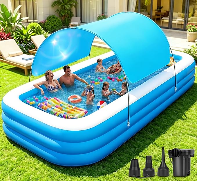 Extra Large Inflatable Pool with Canopy Pump, 145" x 74" x 22" Large Blow Up Pool for Adults Family, Full Size Inflatable Swimming Pool with Big Shade for Backyard Outdoor
