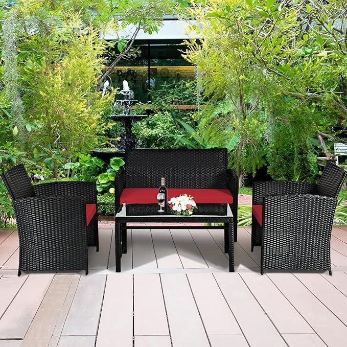 COSTWAY 4 Pieces Patio Rattan Furniture Set, Outdoor Wicker Conversation Set with Soft Cushions & Tempered Glass Coffee Table, Cushioned Chair Sofa for Backyard, Porch, Poolside, Lawn, Garden, Red