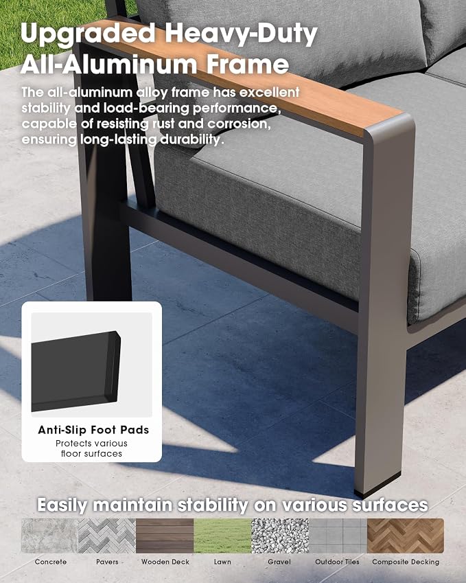 Aluminum Outdoor Patio Furniture Set, 11 Seats Patio Conversation Sets, Oversized Outdoor Sectional with Washable Thick Cushions & Coffee Table for Backyard, Garden and Poolside, Gray