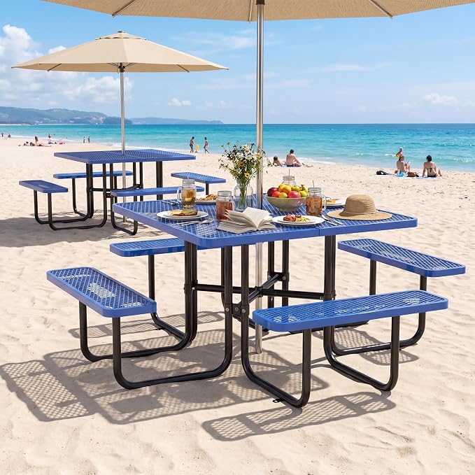 46" Square Metal Picnic Table with 1.73" Umbrella Hole, Commercial Steel Picnic Table, Heavy Duty Picnic Tables with Benches for Outdoor Garden Courtyard BBQ, Blue