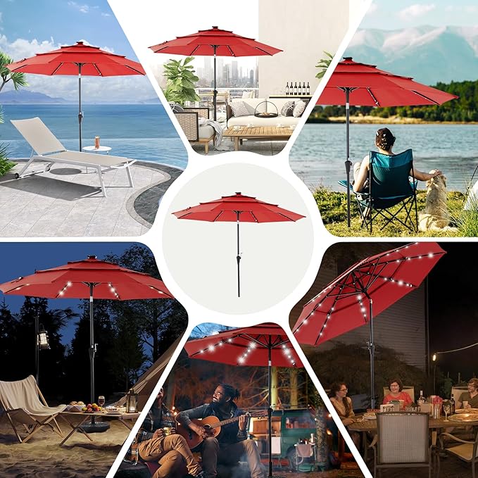 DUMOS LED Outdoor Patio Umbrella 10 FT UV-Resistant Market Umbrella with Tilt Adjustment & Crank Lift, All-Weather Shade for Backyard, Deck, Garden, Beach