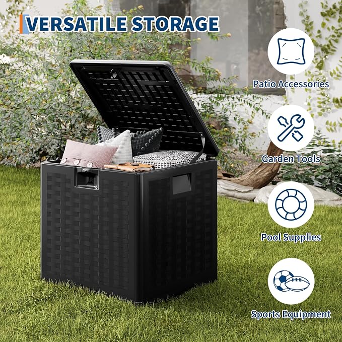 28 Gallon Blow Molded Storage Box, Imitation Rattan Pattern Outdoor Storage Bin with Lid, Large Plastic Deck Box for Patio, Balcony, Garage, Bedroom Indoor & Outdoor Organization