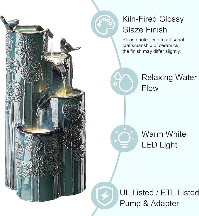 Glitzhome 31.75" H Outdoor Water Fountain with LED Lights and Pump, 4 Tier Dandelion Texture Vase Shaped Ceramic Floor Standing Fountain with Birds for Porch Deck Garden Patio Backyard, Turquoise
