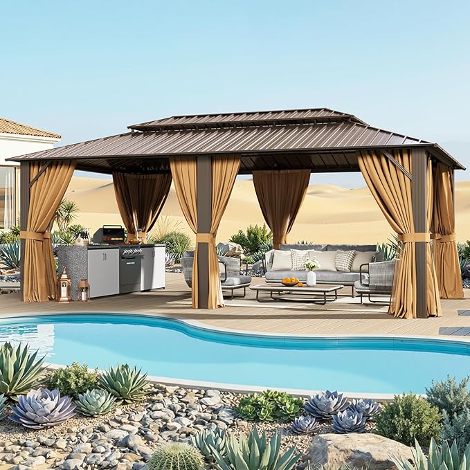 12x20FT Hardtop Gazebo with 20IN Ceiling Fan, Metal Frame with Double Galvanized Steel Roof, Permanent Outdoor Pergola for Backyard, Patio, Lawn and Garden, Brown