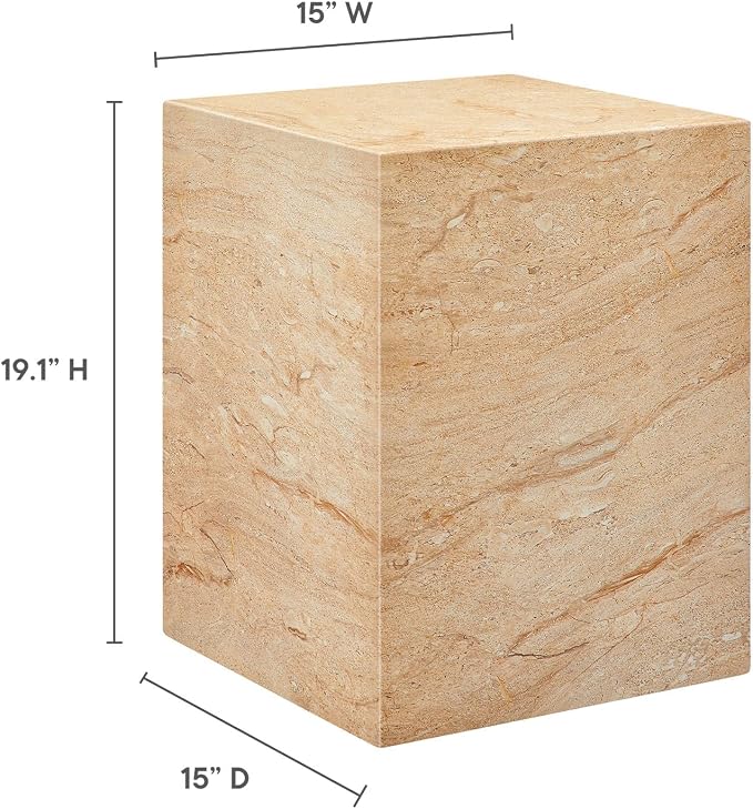 Modway Jordana Indoor Outdoor Concrete Side Table in Travertine – Square Plinth End Table with Faux Stone Finish - Concrete Furniture Accent Table for Patio, Garden, or Living Room