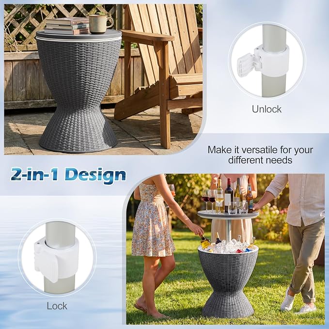 Outdoor Cooler Table, Adjustable Cool Bar with 8 Gal Ice Bucket, Drain Plug | 3-in-1 design, durable rattan-style finish, easy assembly, simple cleanup, stylish outdoor entertaining solution