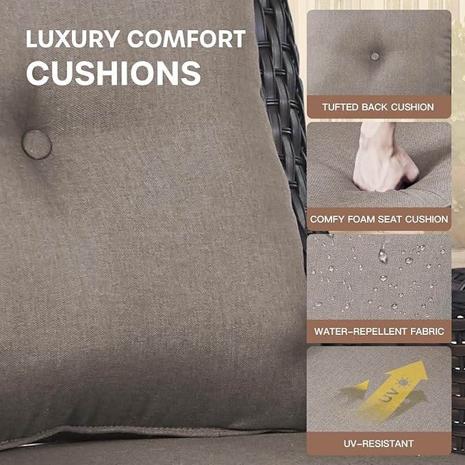 Patio Loveseat Glider Set, Resin Wicker Loveseat Glider with 4 Swivel Patio Chiars Coffee Table, 6 Piece Patio Conversation Set PE Rattan Loveseat Set, Grey Wicker|Grey Cushions