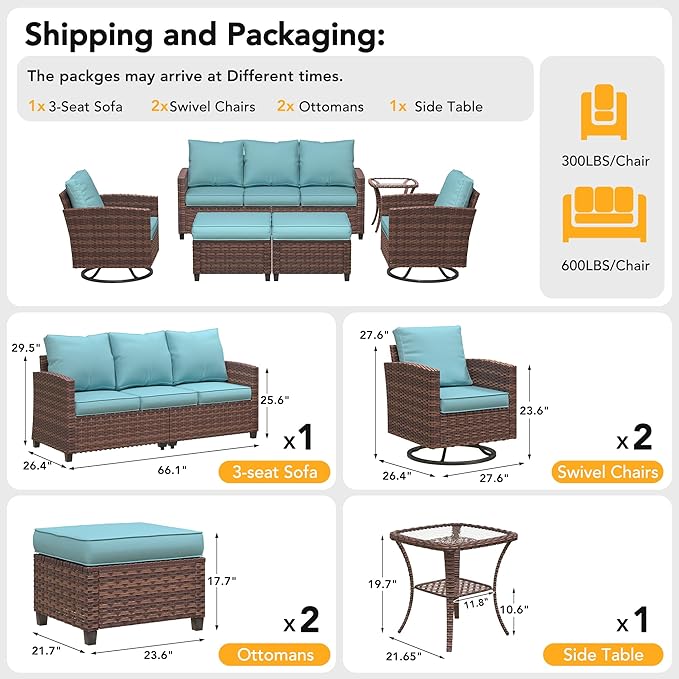 Patio Furniture Sets, 6 Pcs Patio Outdoor Sectional Furniture, Wicker Rattan Conversation Sofa with Swivel Chair, Ottomans, Side Table, 4" Thick Cushion, for Garden Backyard Deck,Light Blue