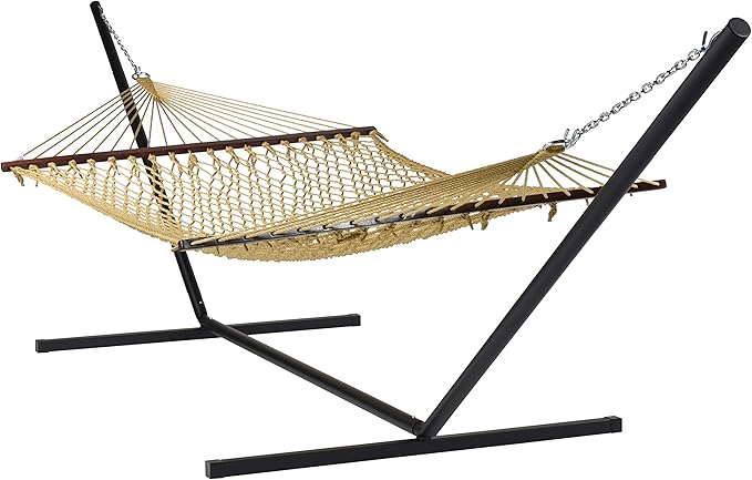 Rope Hammock and Tri Beam Stand (Tan Hammock and Black Stand)