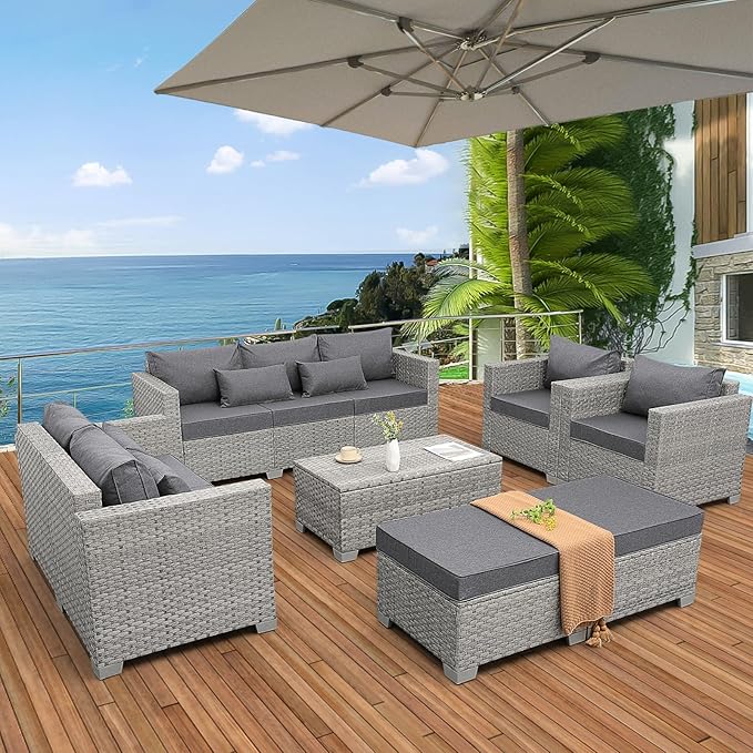 WAROOM Patio Furniture Set 7 Piece Grey Wicker Outdoor Conversation Sets PE Rattan Sectional Sofa with Storage Coffee Table and Anti-Slip Grey Cushion
