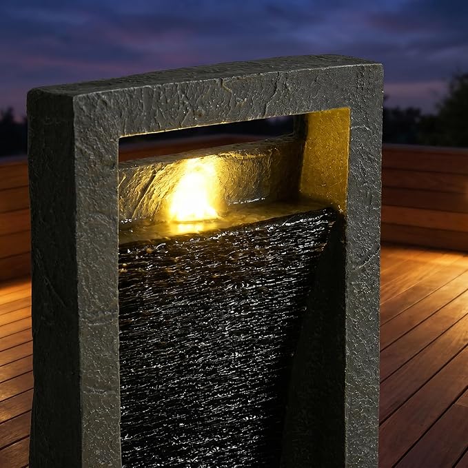 38.6" Tall Outdoor Water Fountain with LED Lights, Modern Floor Standing Waterfall Fountain for Patio Garden Porch Yard Deck Decor, Resin Freestanding Outdoor Fountain Decor