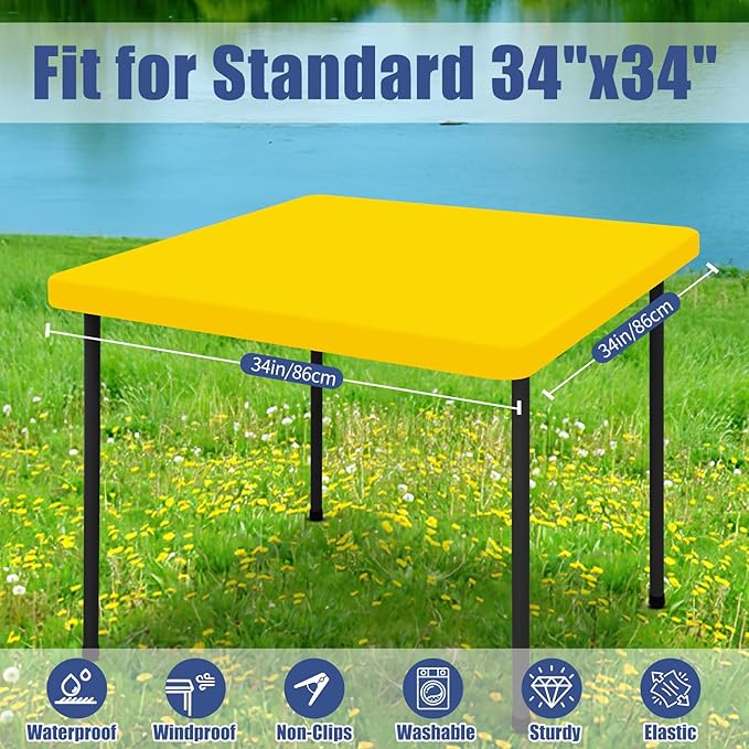 Moosfor Spandex Picnic Table Cloth 2 Pack, Elastic Fitted Tablecloths for Square Tables, Stretch Washable Patio Table Cover for Outdoor, Camping, Banquet and Parties (Yellow, 34"x34")