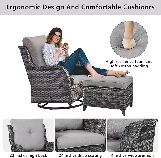 Belord Wicker Patio Furniture Sets - 8 Piece Rattan Outdoor Furniture Conversation Sets with 4 Swivel Rocker Chairs, Rattan Sofa, Wicker Ottomans and Coffee Table, Mixed Grey/Grey