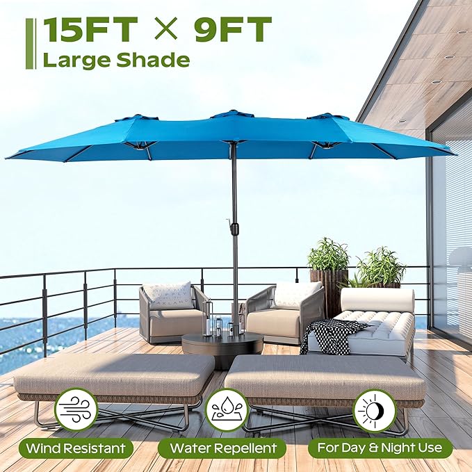 15ft Umbrella Outdoor Patio - Double-Sided Large Market Rectangle Umbrellas with Crank Handle for Patio Garden Yard Pool (No Base)