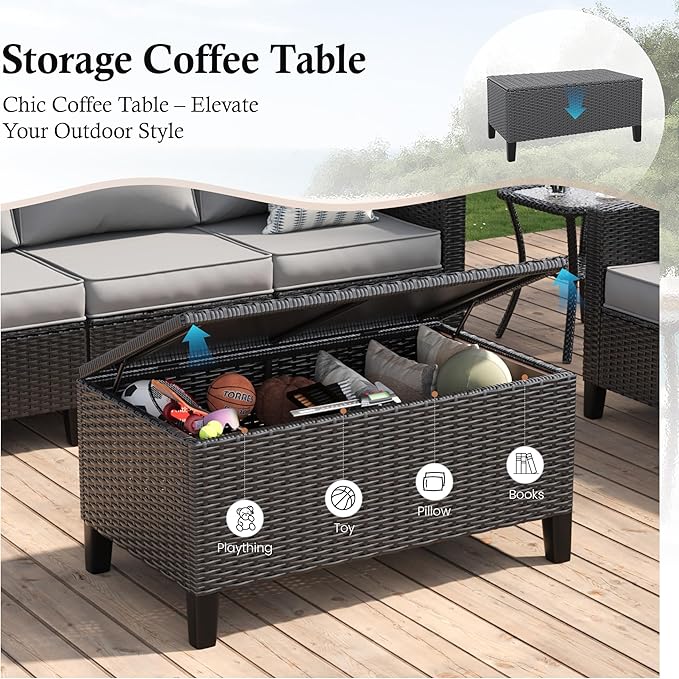 Amopatio Patio Furniture Set, 6-Piece Wicker Outdoor Sectional Sofa with Swivel Rocker Chairs, Rattan Conversation Set with Storage Coffee Table and Waterproof Cover for Backyard Black/Light Grey