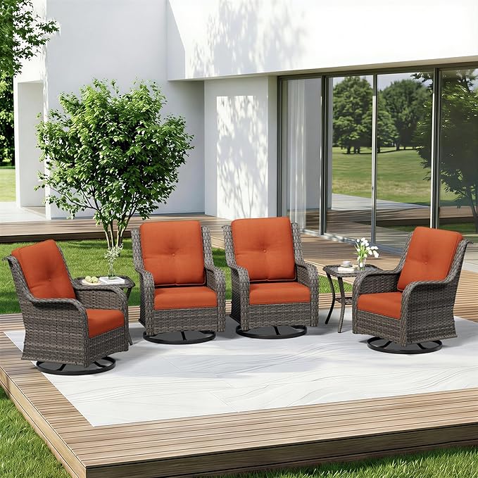 6 Piece Outdoor Wicker Patio Furniture Set, Outdoor Swivel Rocker Patio Chairs Set with Thickened Olefin Cushions, High Back and Deep Seating, Hand-Woven PE Rattan for Porch, Deck