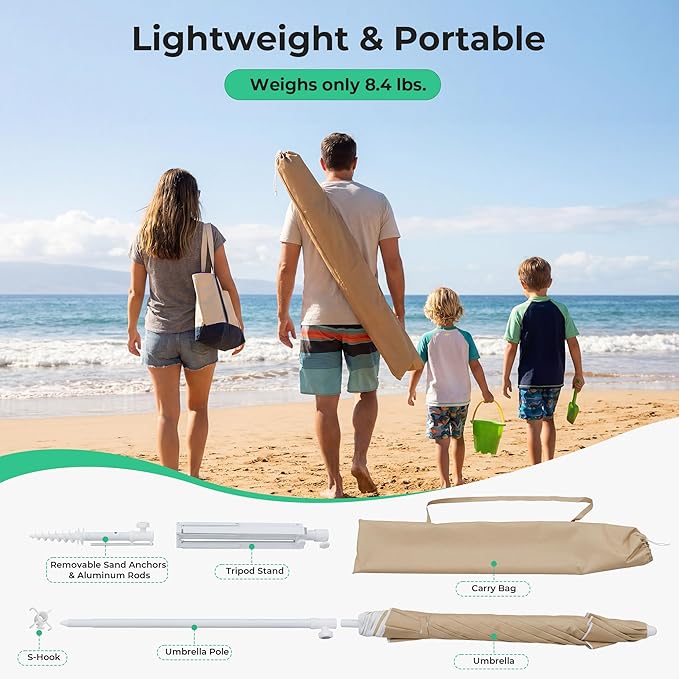 JEAREY 6.5ft Sun Shade Umbrellas, Portable Umbrella with Stand, Lightweight Sun Protection Free Standing Sport Umbrella for Outdoor Sports, Camping, Fishing, Patio, Beach, Beige