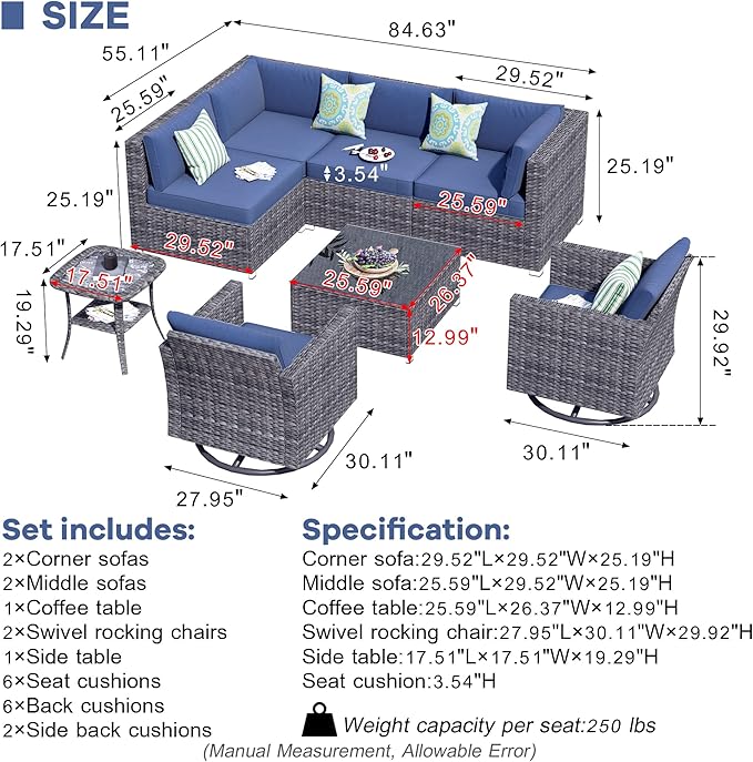 HOOOWOOO 8 Piece Patio Sectional Furniture Set with Swivel Rocking Chairs,Modern Wicker Outdoor Conversation Sofa Sets,Weather Resistant Modular L Shaped Outside Couch Set(Dark Gray)