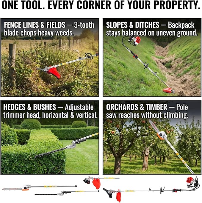 52cc 4-in-1 Gas Powered Backpack Multi Tool, String Trimmer, Brush Cutter, Hedge Trimmer & Pole Saw, 2-Stroke 8500 RPM Gas Weed Wacker for Lawn, Yard, Garden Pruning & Landscaping