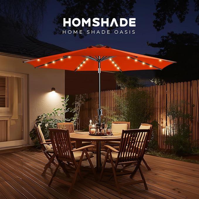 HOMSHADE 9ft Solar Patio Umbrella - Solar Lights LED Lighted Outdoor Market Table Umbrella, UPF50+ UV Protection with Push Button Tilt, Crank for Pool Deck and Garden (Neon Orange)