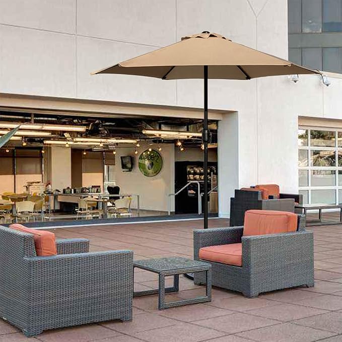 7.5 Feet Outdoor Umbrella with Crank Weather Resistant Umbrella Durable 6 Sturdy Steel Ribs Market Outdoor Table Umbrella Tan