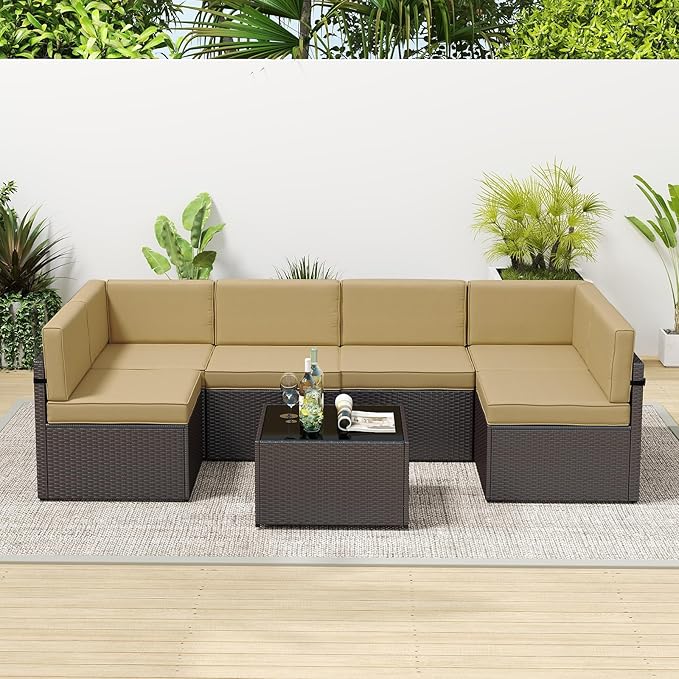 7-Piece Outdoor Patio Furniture Set, Patio Conversation Set, Patio Sectional Sofa Set with Coffee Table & Cushion for Backyard, Balcony, Garden, No-Slip, PE Wicker, Khaki/Brown