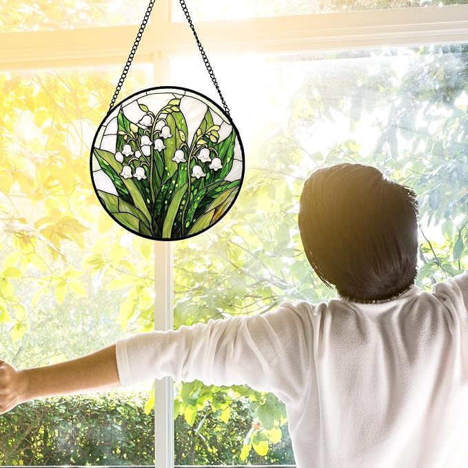 DASTOLL Stained Glass Window Hanging, Lily of the Valley Flower Sun Catchers Colorful Glass Panel Green Plants Suncatcher Decor for Birthday for Women,Men,Wife, Lovers, and Mom 6.3 in
