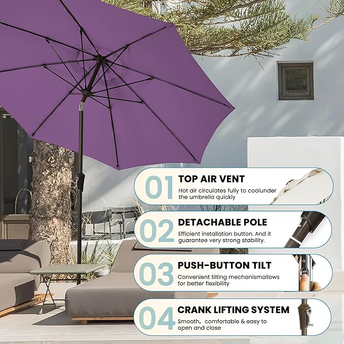 9FT Large Outdoor Patio Umbrella Pool Market Umbrella-UV Resistant, Easy Push Button Tilt and Crank, 8 Sturdy Ribs Heavy-Duty Table Umbrella for Deck, Backyard, Garden(Purple)