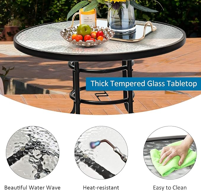DREAMADE 32 Inch Patio Table, Outdoor Dining Furniture w/ 1.65” Umbrella Hole, Sturdy Metal Frame with Tempered Glass Top, Small Accent Bistro Coffee Table for Deck, Balcony, Garden, Pool, Backyard