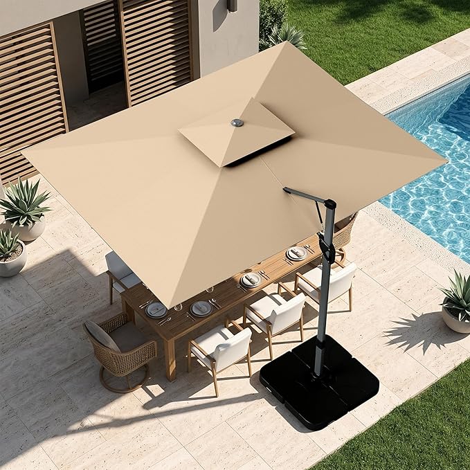 PHI VILLA 9’ x 12’ Cantilever Patio Umbrella with Base, Outdoor Rectangular Heavy Duty Large Umbrella with Hydraulic Lift and 360° Rotation, Beige