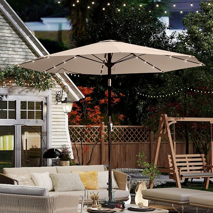 10FT Solar Umbrella 32 LED Lighted Patio Umbrella Table Market Umbrella w/Tilt and Crank, UV-Resistant Outdoor Umbrella for Pool, Garden, Deck, Beige