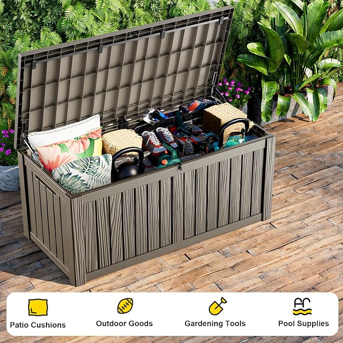 Deck Box Large Outdoor Storage for Patio Furniture,Outdoor Cushions,Garden Tools and Pool Supplies,Waterproof,Resin,Lockable (Grey, 150 Gallon)
