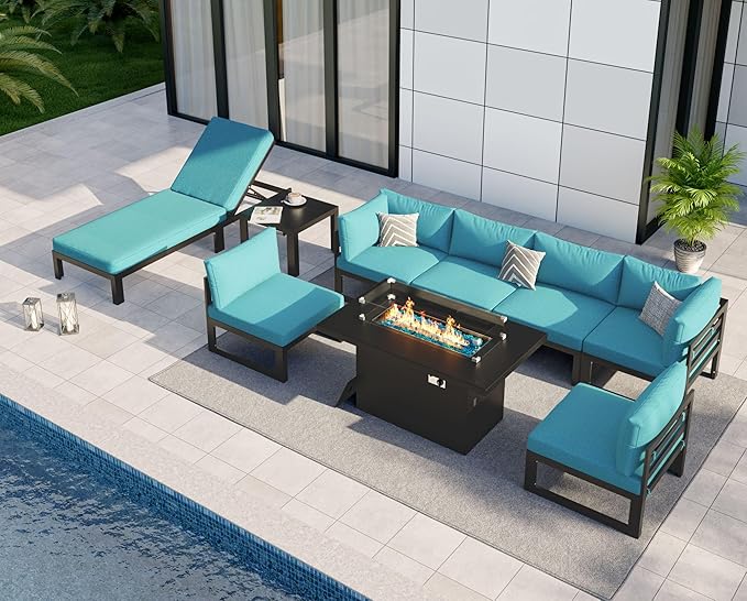 NICESOUL 9 Pcs Oversized Modern Aluminum Patio Furniture Set, All Weather Modular Sectional Sofa with Lounge Chair & Fireplace, 500 lbs Heavy Duty Comfortable Outdoor Couch for Poolside Backyard, Teal