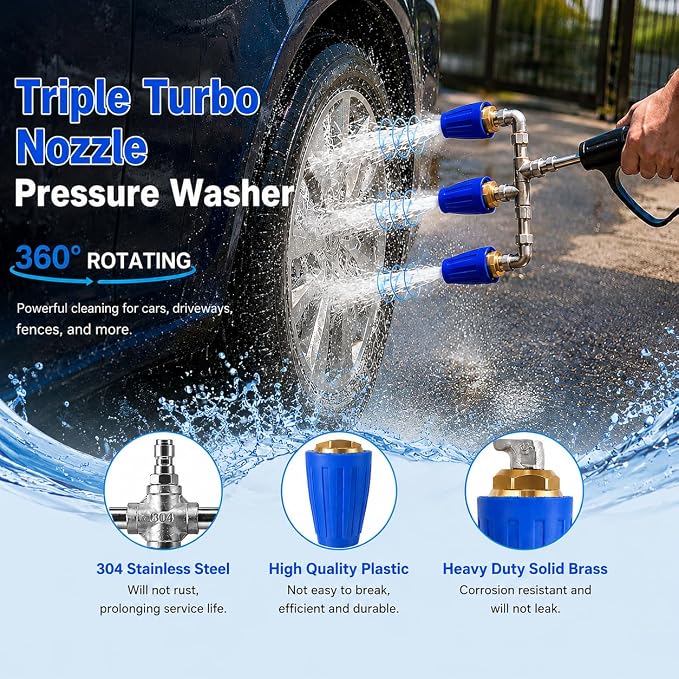 Triple Turbo Nozzle Pressure Washer, 360° Rotating Pressure Washer Nozzle 4000 PSI with 1/4" Quick Connector, 2.0 Orifice 3-In-1