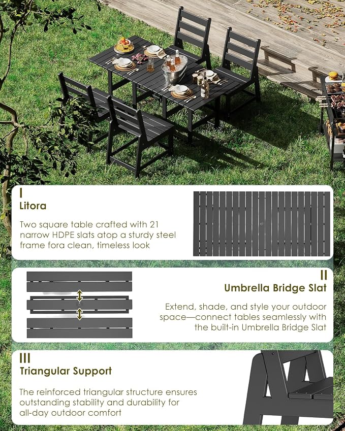 GREENVINES 5-Piece-Outdoor-Table-and-Chairs | HDPE | Patio Furniture | Slatted Dining Sets for 4 | Armless Chair | Connectable Tables | All Weather | for Backyard Poolside Garden | Black