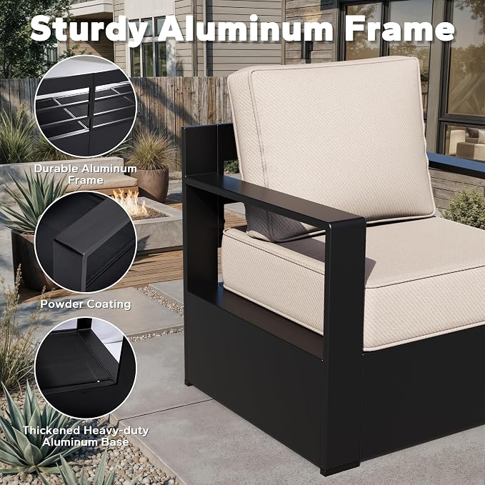Outdoor Aluminum Furniture Set, 5-Piece Patio Conversation Set, 2 Swivel Chairs, 2 Sofa and 1 Fireplace, All-Weather Metal Frame, 6" Thick Removable Cushions, Deep Setting for Garden and Porch