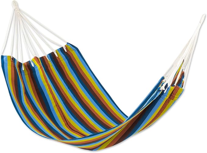 NOVICA Blue and Brown Earthtone Striped Fabric 1 Person Brazilian Style Hammock, 'Country Roads' (Single)