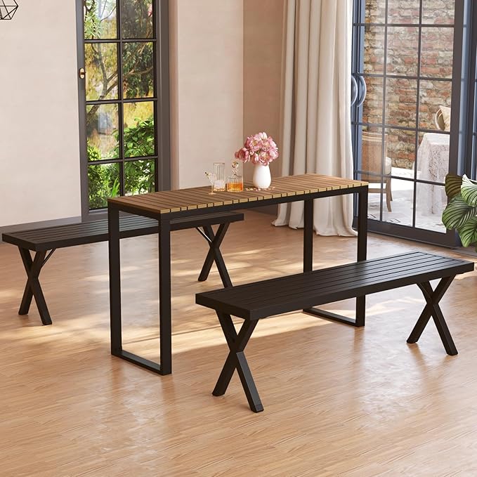 HAPPYGRILL Outdoor Rectangle Console Table with Metal Frame & Foot Pads, for 4-6 People, Patio Bar Dining Table for Backyard, Porch, Deck