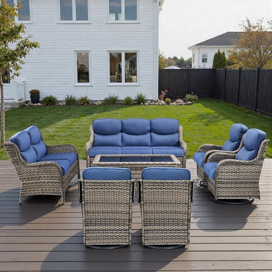 Outdoor Swivel Rocker Patio Chairs Set of 7 with 5" Thick Cushions,7 Piece Furniture Set with Fire Pit Table All Weather Wicker Conversation Set for Porch Deck - Gery Wicker | Blue Cushions