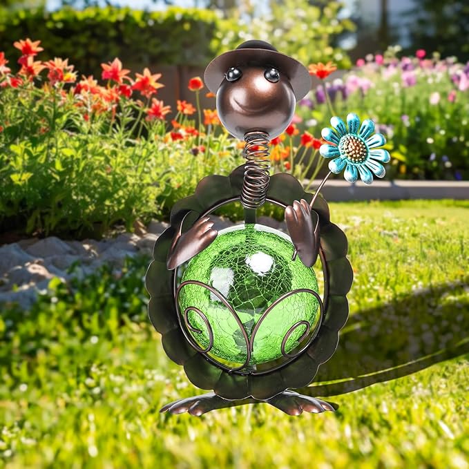 MUMTOP Turtle Garden Decor, Turtle Solar Lights Outdoor Decorative Waterproof with Crackle Glass Globe and Flower Yard Ornaments for Tabletop Outside Garden Lawn Outside Porch Home Decorations