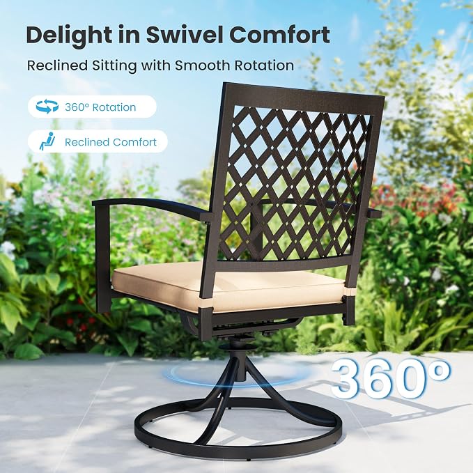 PHI VILLA 9 Pcs Outdoor Dining Set, 57.5" Steel Table w/Umbrella Hole | 57.5" square table & 8 swivel chairs w/ cushions. E-coated rustproof frame. 350+ lbs. Ideal for patio,deck,backyard