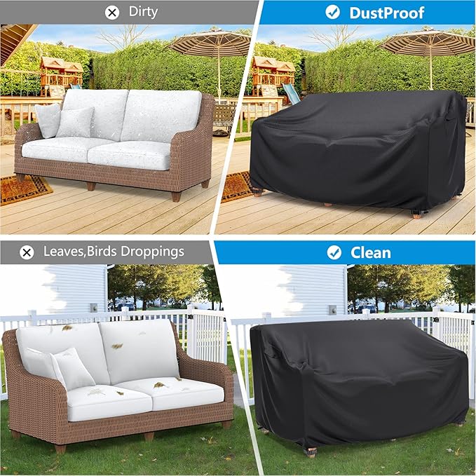 Heavy Duty Patio Sofa Cover Waterproof, Mrrihand 2-Seater Outdoor Sofa Loveseat Cover, Outdoor Patio Furniture Cover with Air Vent and Handles, 60" W×34" D×30" H, Black