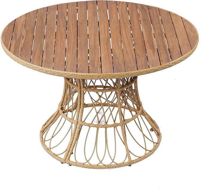Merax 5-Piece Outdoor Dining Set, 47.24'' Round Acacia Wood Table & 4 Wicker Armchairs, Patio Furniture Set for Garden Balcony Deck, Teak Finish