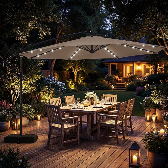 Tangkula 10ft Solar Patio Umbrella with Base Included, Offset Cantilever Outdoor Umbrella with 32 LED Lights, 360 Degree Rotation, Crank Handle for Pool Deck Garden Backyard (Tan)